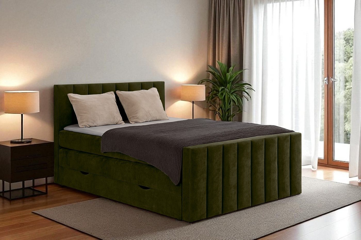 KS Home Concept Boxspringbett mit Bettkasten VELTRA 140X200 - Taschenfederkern Matratze - Grün (Bett + Topper), Doppelmatratze mit Stauraum & Standard-Topper, H3/H22 von KS Home Concept