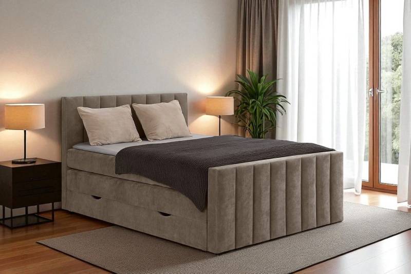 KS Home Concept Boxspringbett mit Bettkasten VELTRA 140X200 - Taschenfederkern Matratze - Hellbraun (Bett + Topper), Doppelmatratze mit Stauraum & Standard-Topper, H3/H18 von KS Home Concept
