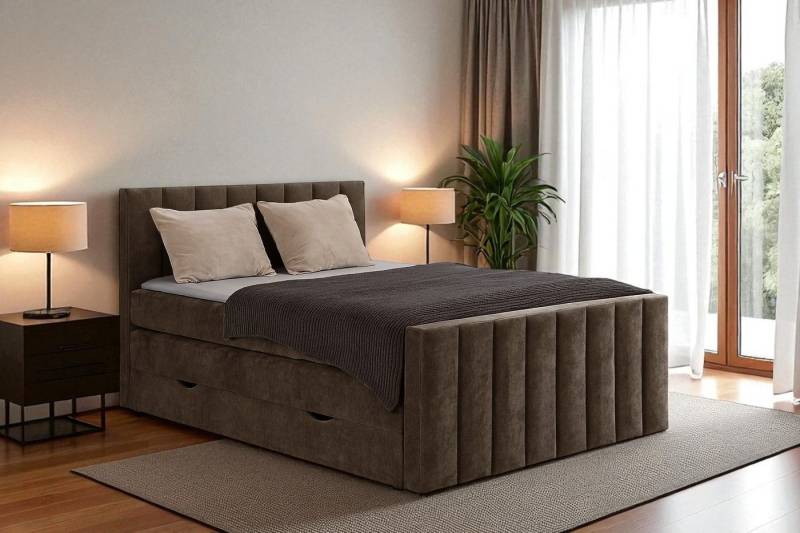 KS Home Concept Boxspringbett mit Bettkasten VELTRA 160x200 - Taschenfederkern Matratze - Braun (Bett + Topper), Doppelmatratze mit Stauraum & Standard-Topper, H3/H30 von KS Home Concept