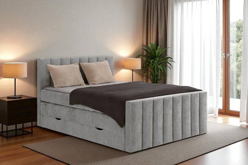 KS Home Concept Boxspringbett mit Bettkasten VELTRA 160x200 - Taschenfederkern Matratze - Grau (Bett + Topper), Doppelmatratze mit Stauraum & Standard-Topper, H3/H24 von KS Home Concept