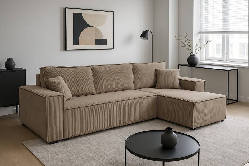 KS Home Concept Ecksofa TAVO L mit Schlaffunktion und Bettkasten, breite Armlehnen, Beige, Kompaktes Schlafsofa, Universal, inkl. 2 Zierkissen KS Home Concept Ecksofa TAVO L mit Schlaffunktion und Bettkasten, breite Armlehnen, Beige, Kompaktes Schlafsofa, Universal, inkl. 2 Zierkissen von KS Home Concept