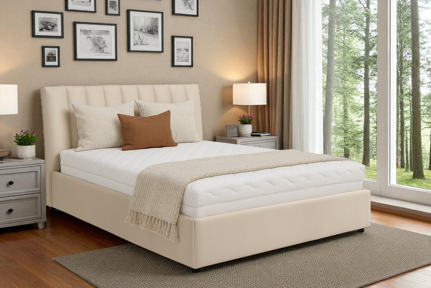 KS Home Concept Polsterbett mit Bettkasten 160x200 cm NUBIA mit Bonell Matratze H3 - Beige (Bett + Matraze), Polsterbett min Matraze Härtegrad H3/H4 von KS Home Concept
