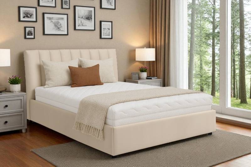 KS Home Concept Polsterbett mit Bettkasten 160x200 cm NUBIA mit Pocket Matratze H4 - Beige (Bett + Matraze), Polsterbett min Matraze Härtegrad H3/H4 von KS Home Concept