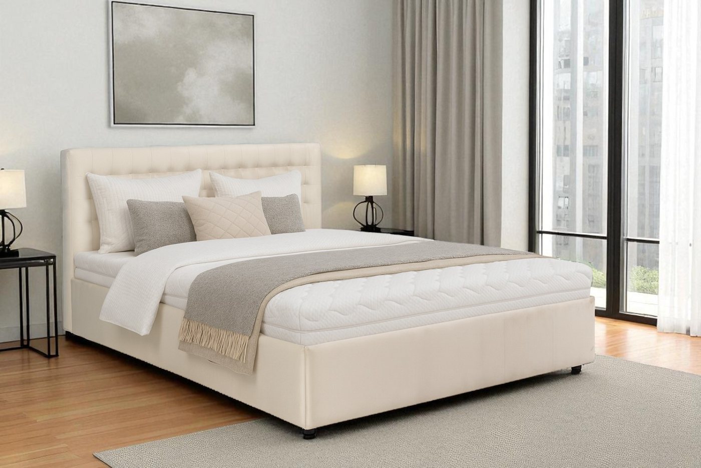 KS Home Concept Polsterbett mit Bettkasten 180x200 cm FORTE mit Bonell Matratze H3 - Beige (Bett + Matraze), Polsterbett min Matraze Härtegrad H3/H4 von KS Home Concept