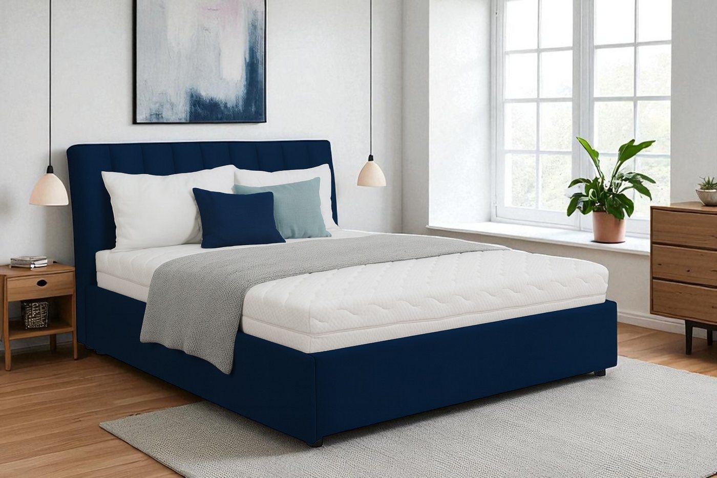 KS Home Concept Polsterbett mit Bettkasten 180x200 cm NUBIA mit Bonell Matratze H3 - Marineblau (Bett + Matraze), Polsterbett min Matraze Härtegrad H3/H4 von KS Home Concept