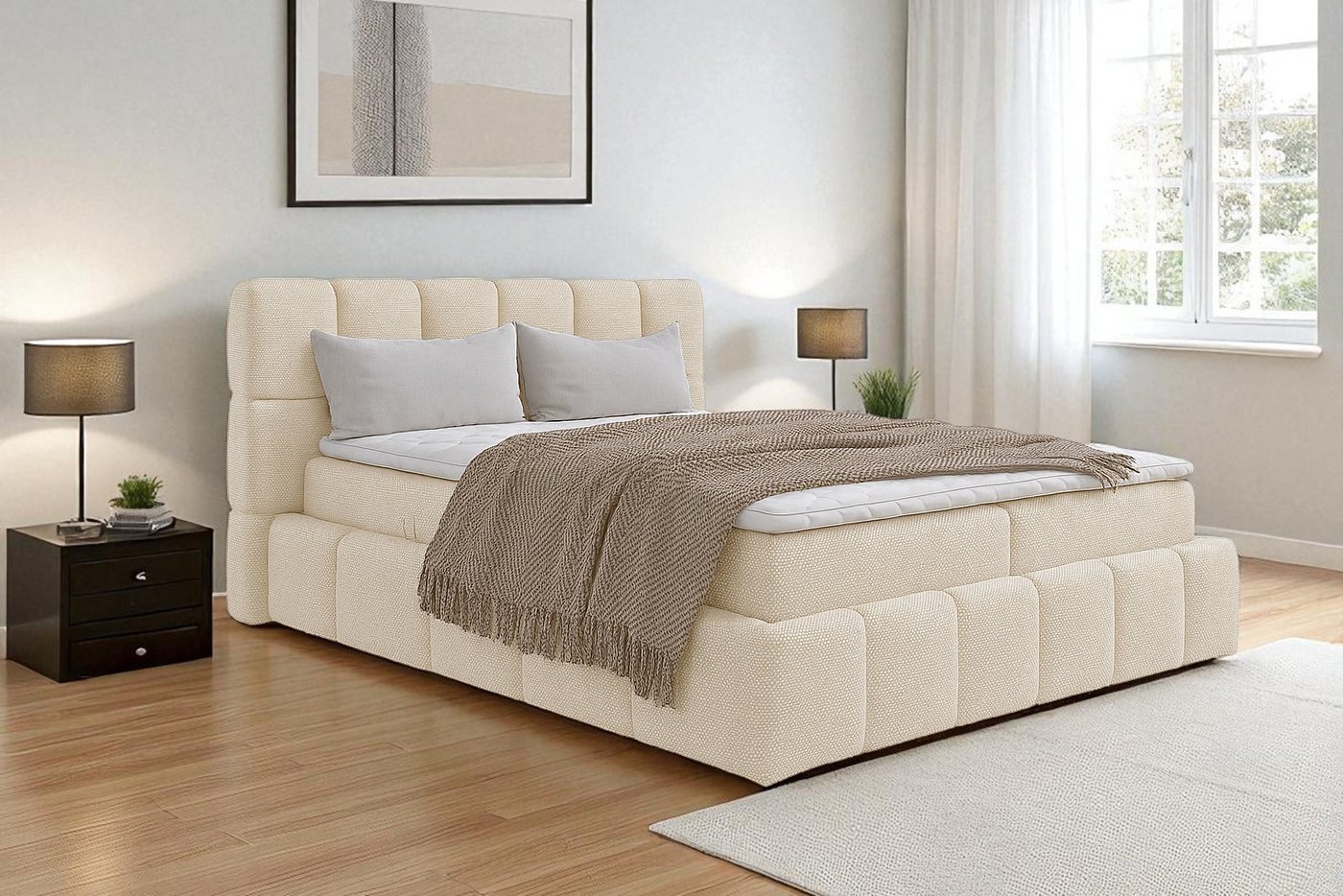 KS Home Concept Polsterbett mit Bonell Matratze H3 und Topper - Zwei Bettkasten 200x200 cm (Boxspringbett + Matratze + Topper), Bett mit zwei seitlich zu öffnenden Kästen von KS Home Concept