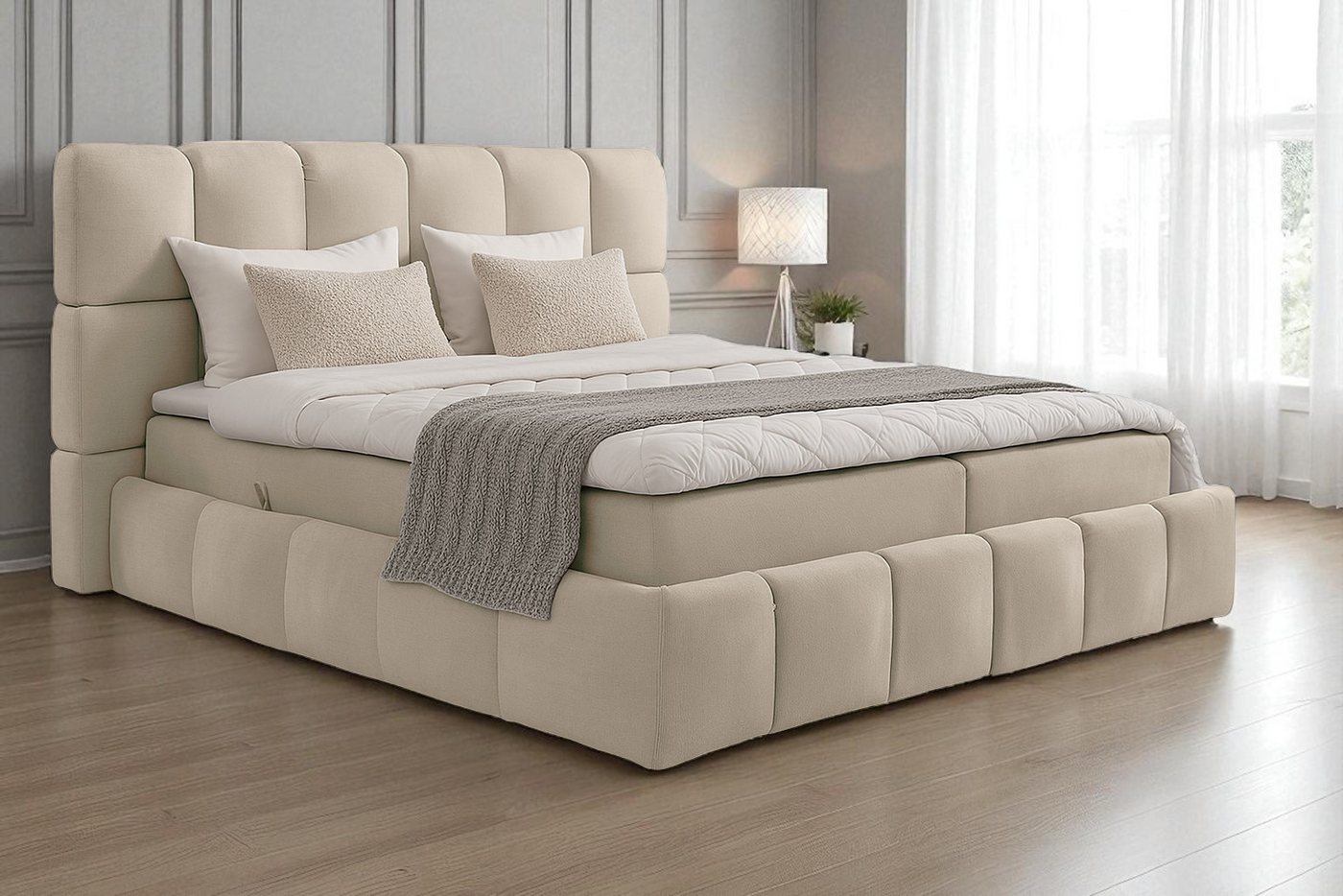 KS Home Concept Polsterbett mit Taschen Matratze H4 und Topper - Zwei Bettkasten 200x200 cm (Boxspringbett + Matratze + Topper), Bett mit zwei seitlich zu öffnenden Kästen von KS Home Concept