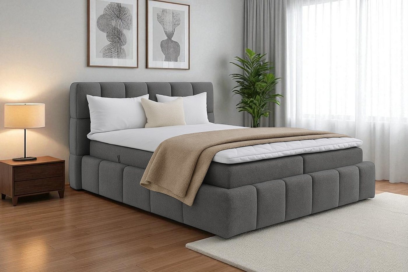 KS Home Concept Polsterbett mit Taschen Matratze H4 und Topper - Zwei Bettkasten 200x200 cm (Boxspringbett + Matratze + Topper), Bett mit zwei seitlich zu öffnenden Kästen von KS Home Concept