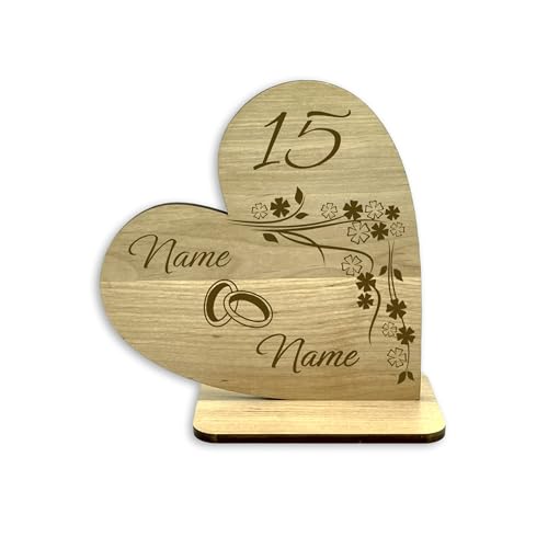 Deko Holz Herz -Kristallhochzeit- Geschenke zum 15 jährigen Jubiläum der Hochzeit, personalisiert mit Namen, Hochzeitstag, Ehegeschenke, für Frauen & Männer (15 Jahre - Kristallhochzeit) von KS Laserdesign