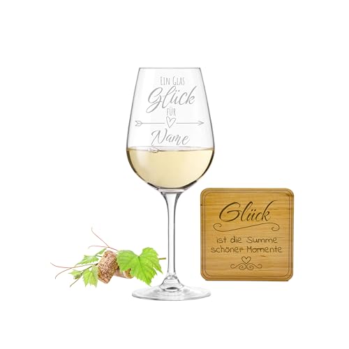 SET Weinglas mit Gravur ein Glas Glück personalisiert mit Untersetzer Holz nach Wunsch - Geschenke Sie & Ihn | Mama & Papa | Freunde | Geburtstag | Weihnachten von KS Laserdesign