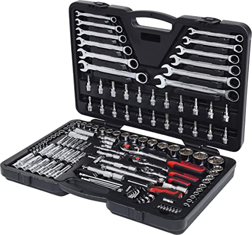 KS Tools 918.0724 1/4 Zoll + 3/8 Zoll + 1/2 Zoll CHROMEplus Steckschlüssel-Satz | mit 3 Umschaltknarren, 72-Zahn | hochglanz verchromt| 124-tlg., Rot, Schwarz von KS Tools