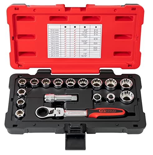 KS Tools 922.4040 3/8 Zoll + 1/2 Zoll Steckschlüssel-Satz, 10-24 mm, TRIPLEplus-Serie, 19 mm Außenantrieb, seidenmattes Chrom-Finish, 17-teilig von KS Tools