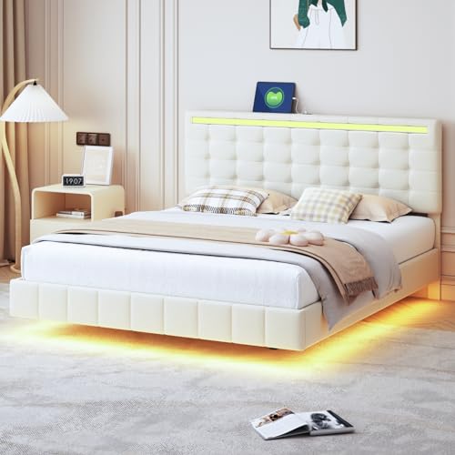 KSFASHZ Bettrahmen 140 x 200cm Schwebebett, LED Doppelbett 140 x 200 mit Lattenrost und USB, Modern Polsterbett Leinen mit Schwebender Visueller Effekt,Höheverstellbarem Kopfteil von KSFASHZ