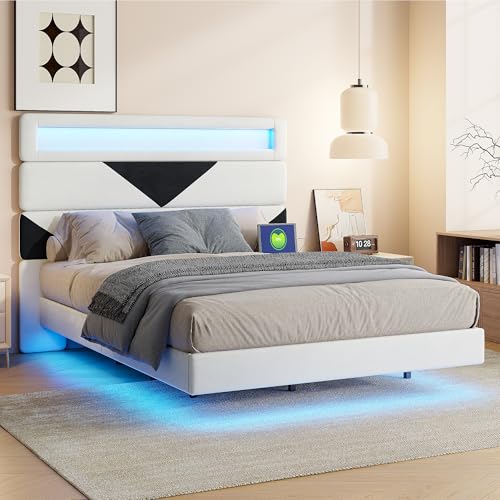KSFASHZ Doppelbett 140 x 190cm Bettrahmen mit schwebender visueller Effekt - Polsterbett Samt Bettgestell mit LED Beleuchtung & Ladestation & Hohem Kopfteil (Dreieck) von KSFASHZ