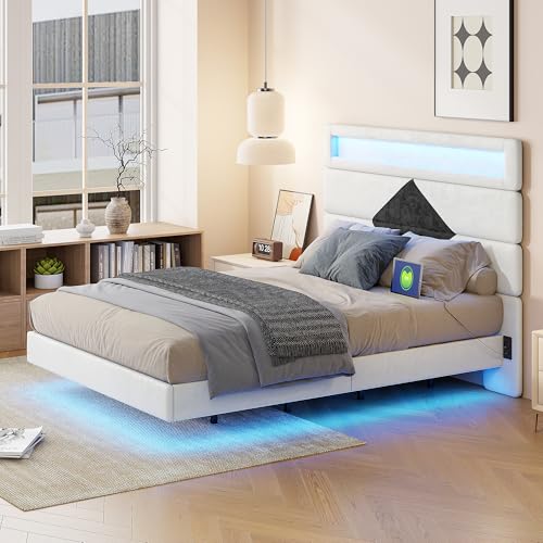 KSFASHZ Doppelbett 140 x 190cm Polsterbett mit schwebender visueller Effekt - Bettgestell mit LED Beleuchtung & Ladestation & Hohem Kopfteil,Leichte Montage (Raute) von KSFASHZ