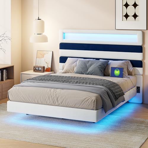 KSFASHZ Doppelbett 160 x 200cm Polsterbett mit schwebender visueller Effekt - Bettgestell mit LED Beleuchtung & Ladestation & Hohem Kopfteil,Samt,Leichte Montage (Rechteck) von KSFASHZ