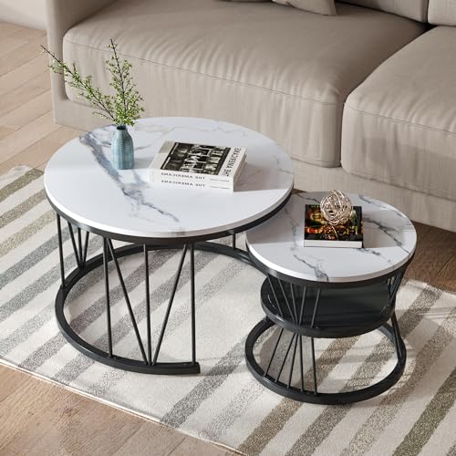 KSFASHZ Set mit 2 Beistelltischen im Wohnzimmer, runder Couchtisch, 70 x 70 x 45 cm + 45 x 45 x 40 cm, Couchtisch aus Marmor, Beistelltisch für Wohnzimmer, Beistelltisch, Set mit 2 runden Couchtischen von KSFASHZ