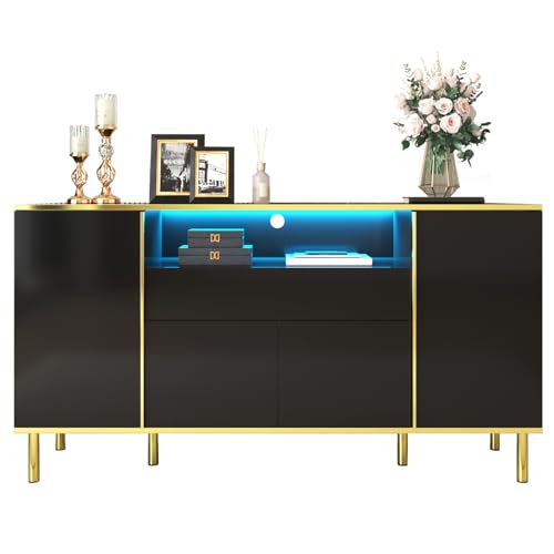 KSFASHZ Sideboard mit LED, Sideboard, Esszimmer mit Türen und Schublade, TV-Möbel, Hochglanz-Finish, schwarz, modern, für Wohnzimmer, Küche und Flur (150 x 40 x 80 cm) von KSFASHZ