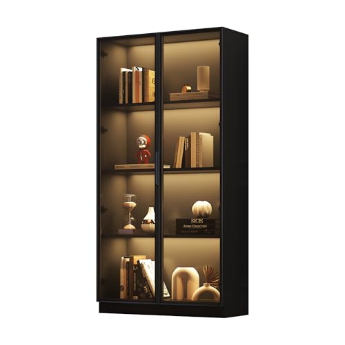 KSFASHZ Standvitrine mit LED-Beleuchtung, 80 x 40 x 160cm Vitrine mit 2 Glastüren und Beweglichen Einlegeböden, Schwarz Hochschrank Glasvitrine für Wohnzimmer,Büro,Ausstellungsraum von KSFASHZ