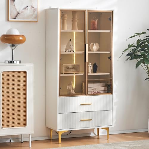 KSFASHZ Vitrine Glasvitrine mit LED-Licht, Freistehende Vitrine mit 2 Glastüren und 2 Schubladen - 70x35x150cm Weiß Standvitrine mit Goldene Beine und Griffe KSFASHZ Vitrine Glasvitrine mit LED-Licht, Freistehende Vitrine mit 2 Glastüren und 2 Schubladen - 70x35x150cm Weiß Standvitrine mit Goldene Beine und Griffe von KSFASHZ