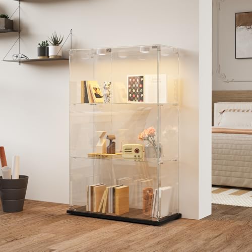 KSFASHZ Vitrine aus Glas mit LED, Glasvitrine mit 3 Einlegeböden 2 Türen, Vitrine aus Glas, Vitrine mit Säulen, transparente Vitrine aus Glas, Schwarz von KSFASHZ