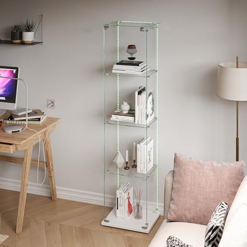 KSFASHZ Vitrine aus Glas mit LED und 4 Rollen, Glasvitrine 4 Regale 1 Tür, 35 x 39,8 x 163 cm, Glasvitrine mit LED Vitrine Wohnzimmer transparent von KSFASHZ
