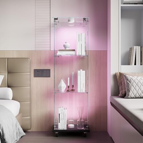 KSFASHZ Vitrine aus Glas mit LED und 4 Rollen, Glasvitrine mit 3 Regalen und 1 Tür, Glasvitrine mit LED Vitrine mit Säule Vitrine Wohnzimmer Transparent, Schwarz, 35 x 39,8 x 123,3 cm von KSFASHZ