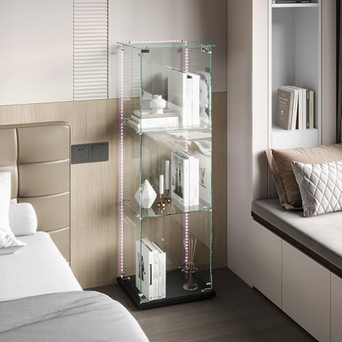 KSFASHZ Vitrine aus Glas mit LED und 4 Rollen, Glasvitrine mit 3 Regalen und 1 Tür, Glasvitrine mit LED Vitrine mit Säule Vitrine Wohnzimmer Transparent, Schwarz, 35 x 39,8 x 123,3 cm von KSFASHZ