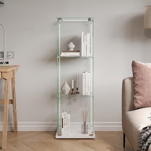 KSFASHZ Vitrine aus Glas mit LED und 4 Rollen, Glasvitrine mit 3 Regalen und 1 Tür, Glasvitrine mit LED Vitrine mit Säule Vitrine Wohnzimmer Transparent, Weiß, 35 x 39,8 x 123,3 cm von KSFASHZ
