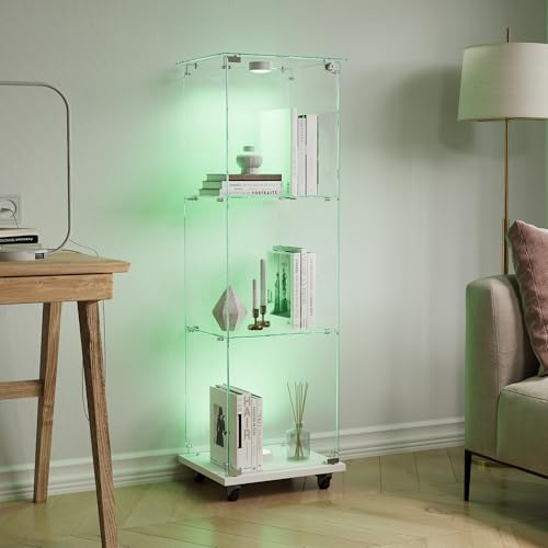 KSFASHZ Vitrine aus Glas mit LED und 4 Rollen, Glasvitrine mit 3 Regalen und 1 Tür, Vitrine aus Glas von KSFASHZ