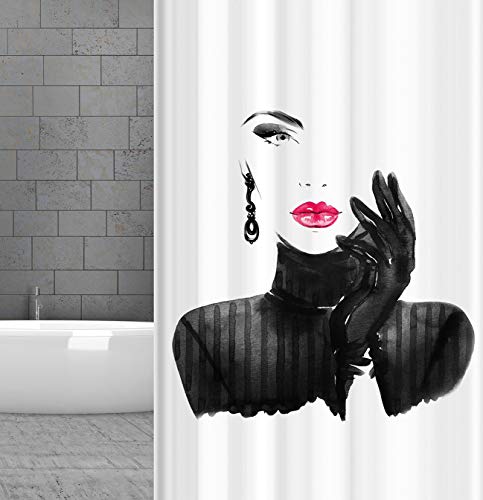 KSHANDEL24 Textil DUSCHVORHANG Lady PINK Lips 180x200 cm INKL. DUSCHVORHANGRINGE Weiss SCHWARZ PINK von KSHANDEL24