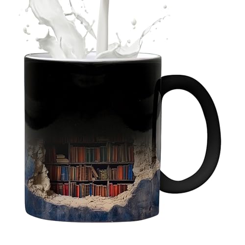 3D-Bücherregal-Tasse mit Farbwechsel, 3D-Bücherregal-Wärmewechselbecher, Keramik-Kaffeetassen, 3D-Effekt-Bücher, personalisierte Tasse und Becher für Wohnzimmer, Schlafzimmer für Leser, Geschenk von KSHSAA