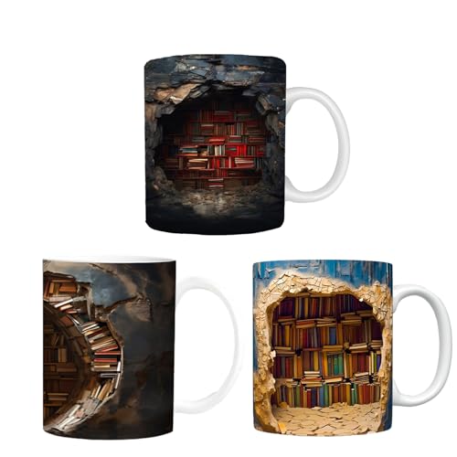 3D-Effekt-Bücherregal-Tasse, 1/3 Stück, Bibliothek, Bücherregal, niedliche Kaffeetassen, Buchliebhaber-Kaffeetasse, Mehrzweck-Keramikbecher, ein Bibliothekar-Geschenk für Leser, 325 l von KSHSAA