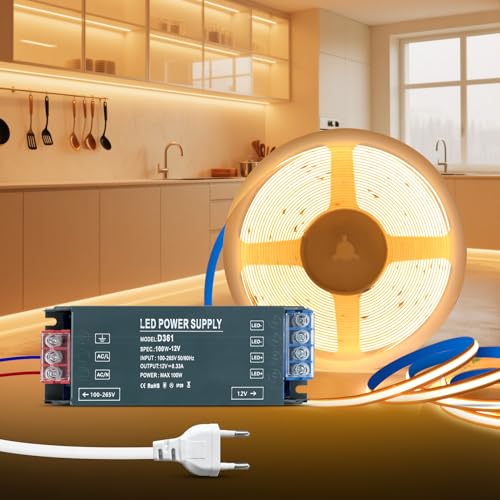 KSIBNW 12V COB LED Streifen Warmweiß 3000K, 5M Selbstklebend LED Strip mit 12V Netzteil 100W Trafo und 1M Stecker, 320LEDs/M 8mm Breite CRI90+ Flexibles LED Band für Fernseher, DIY Dekoration von KSIBNW