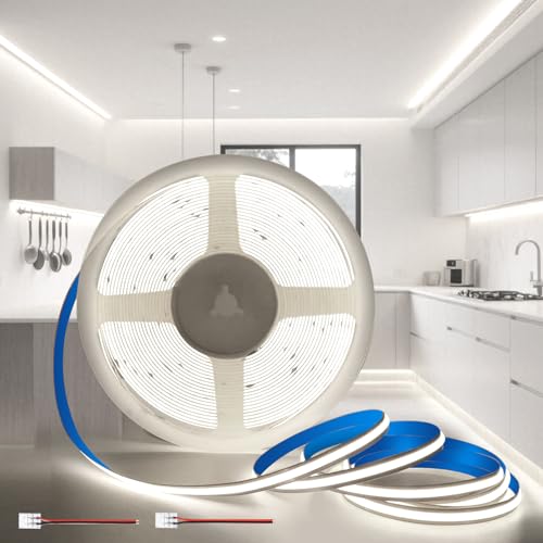 KSIBNW 12V COB LED Streifen Weiß, 5M Selbstklebend LED Strip Kaltweiß 6000K Licht Band 8mm Breite CRI90+ 320LEDs/m Flexibel LED Leiste für Wohnmobil Küche Schlafzimmer Dekoration, Ohne Netzteil von KSIBNW