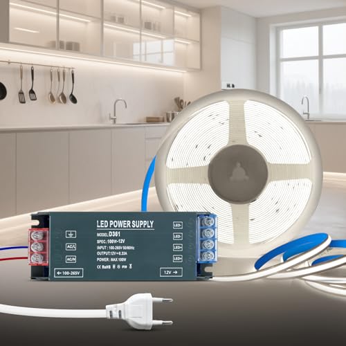 KSIBNW 12V COB LED Streifen Weiß 6000K, 5M Selbstklebend LED Strip mit 12V Netzteil 100W Trafo und 1M Stecker, 320LEDs/M 8mm Breite CRI90+ Flexibles LED Band für Fernseher, DIY Dekoration KSIBNW 12V COB LED Streifen Weiß 6000K, 5M Selbstklebend LED Strip mit 12V Netzteil 100W Trafo und 1M Stecker, 320LEDs/M 8mm Breite CRI90+ Flexibles LED Band für Fernseher, DIY Dekoration von KSIBNW
