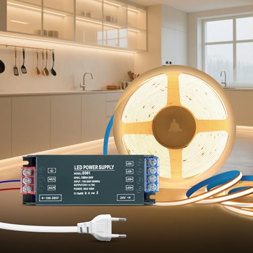 KSIBNW 24V COB LED Streifen Neutralweiß 4000K, 5M Selbstklebend LED Strip mit 24V Netzteil 100W Trafo und 1M Stecker, 320LEDs/M 8mm Breite CRI90+ Flexibles LED Band für Fernseher, DIY Dekoration von KSIBNW