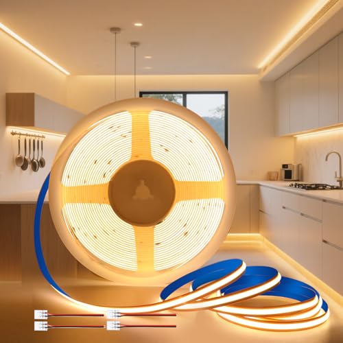 KSIBNW 24V COB LED Streifen Warmweiß, 10M Selbstklebend LED Strip 3000K Licht Band 8mm Breite CRI90+ 320LEDs/m Flexibel LED Leiste für Wohnmobil Küche Schlafzimmer Dekoration, Ohne Netzteil von KSIBNW