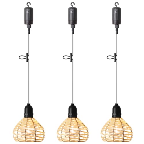 KSIBNW 3x Hängelampe Außen Hängeleuchte mit Batterie, Innen Batteriebetriebene Lampe Fernbedienung Rattan Boho Tragbare Pendelleuchte Wasserdicht Outdoor Beleuchtung Timer Dimmbar Höhenverstellbar von KSIBNW