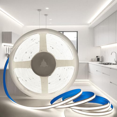 KSIBNW LED Streifen Kaltweiß 5M, 12V COB LED Strip Küche Weiß 6000K Selbstklebend Licht Band 8mm Breite CRI90+ 320LEDs/m Flexibel Strip Lights für Home Dekoration, Schlafzimmer, Ohne Netzteil von KSIBNW
