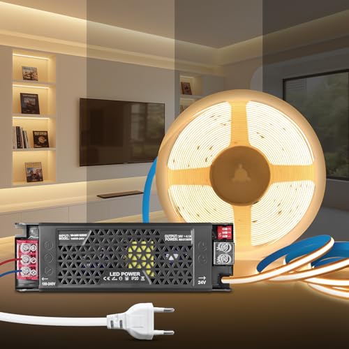 KSIBNW COB LED Streifen Neutralweiß 4000K, 5M Dimmbares 24V Selbstklebend LED Strip Licht mit 24V Dimmbar Netzteil 100W Trafo und 1M Stecker, 8mmBreite Flexibles Band set für Fernseher, DIY Dekoration von KSIBNW