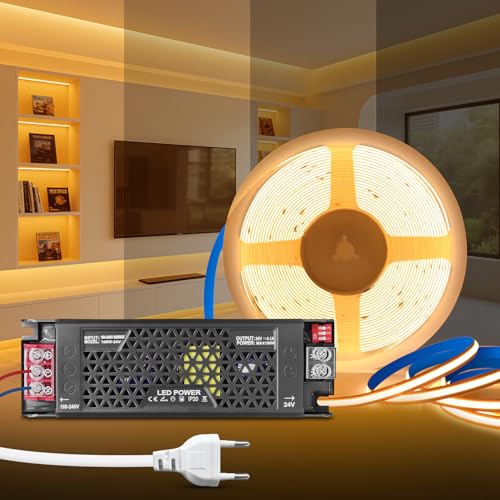 KSIBNW COB LED Streifen Warmweiß 3000K, 5M Dimmbares 24V Selbstklebend LED Strip Licht mit 24V Dimmbar Netzteil 100W Trafo und 1M Stecker, 8mm Breite Flexibles Band set für Fernseher, DIY Dekoration von KSIBNW