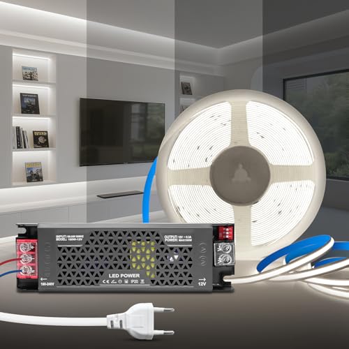 KSIBNW COB LED Streifen Weiß 6000K, 5M Dimmbares 12V Selbstklebend LED Strip Licht mit 12V Dimmbar Netzteil 100W Trafo und 1M Stecker, 8mm Breite Flexibles Band set für Fernseher, DIY Dekoration von KSIBNW