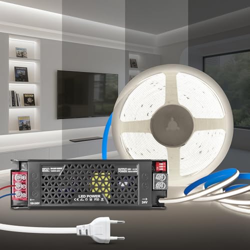 KSIBNW COB LED Streifen Weiß 6000K, 5M Dimmbares 24V Selbstklebend LED Strip Licht mit 24V Dimmbar Netzteil 100W Trafo und 1M Stecker, 8mm Breite Flexibles Band set für Fernseher, DIY Dekoration von KSIBNW