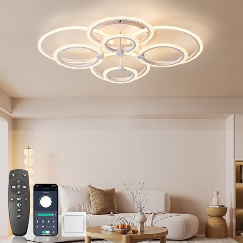 KSIBNW Deckenlampe Dimmbar Modern mit Fernbedienung & APP-Steuerung, LED Deckenleuchte Esstisch Schlafzimmer 90W Deckenlampe LED Deckenleuchte 8 Ring Acryl Weiß Deckenlampe Wohnzimmer 2700K-6500K von KSIBNW