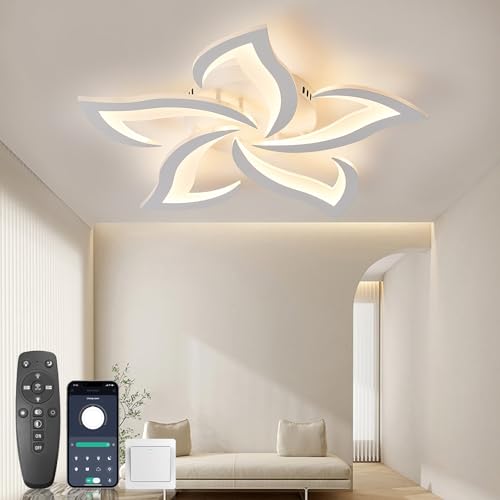 KSIBNW Deckenlampe LED Deckenleuchte Dimmbar, Modern Wohnzimmerlampe mit Fernbedienung & APP-Steuerung Deckenleuchte Esstisch Schlafzimmer 54W Deckenlampe Wohnzimmer Acryl Weiß 5 Köpfe 2700K-6500K von KSIBNW