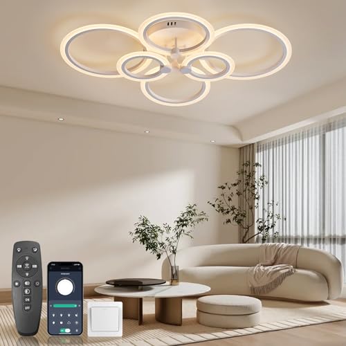 KSIBNW Deckenlampe LED Deckenleuchte Dimmbar Modern, Deckenlampe Wohnzimmer 54W mit Fernbedienung APP-Steuerung 6 Ring Acryl Deckenleuchte Schlafzimmer Weiß 2700K-6500K von KSIBNW