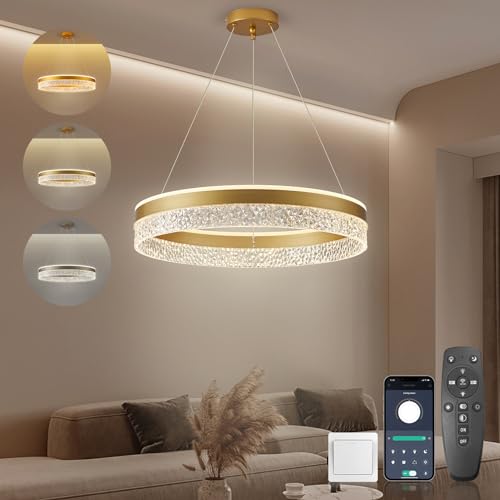 KSIBNW Hängelampe LED Pendelleuchte Dimmbare Wohnzimmer, 60W Moderne Hängeleuchte Rund Ø50cm Pendellampe Esszimmer mit Fernbedienung & APP Kücheninsel Gold Esstischlampe Höhenverstellbar 2700K-6500K von KSIBNW