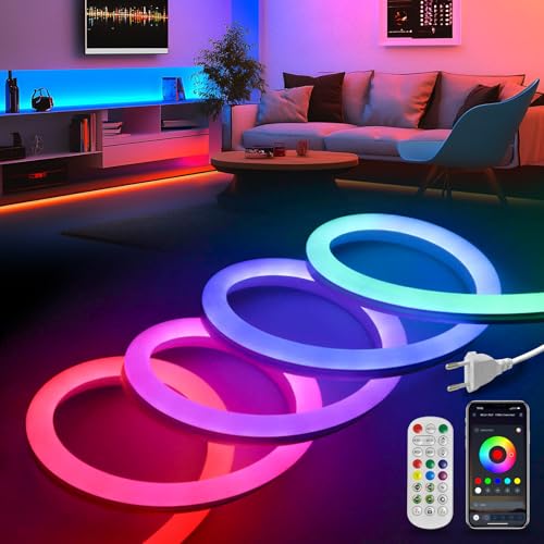 KSIBNW LED Neon Strip 20m RGBIC, LED Streifen mit Fernbedienung & App IP65 Wasserdichte Flexible Lichterschlauch Bluetooth Musik Sync LED Band Timer-Einstellung LED Beleuchtung Dimmbar Farbwechse von KSIBNW