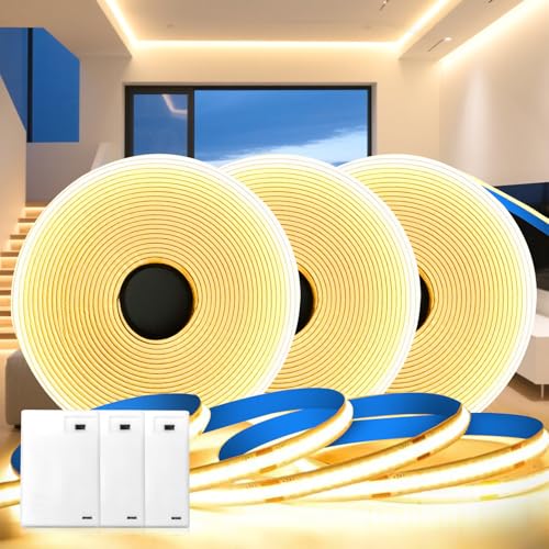 KSIBNW LED Streifen Batterie, Lichterkette Batterie LED Strip Batteriebetrieben Warmweiß 3000K Lichtleiste Selbstklebend Indirekte Beleuchtung für Küche Vitrinen Treppen, 3 Stücke COB Streifen 1M von KSIBNW